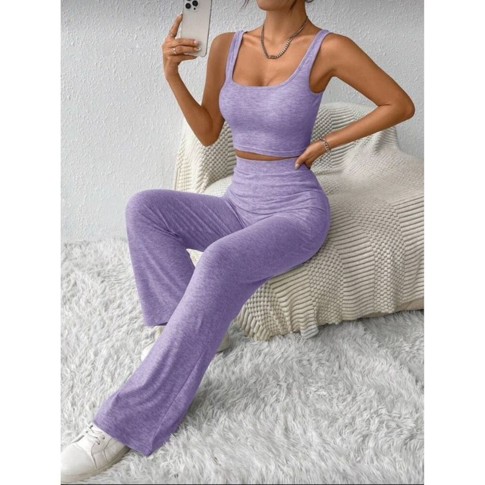 SHEIN Slim Fit Tank Top And Flare Pants Solid Color Round Neck Size 2(XS)